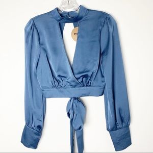 Blue satin long sleeves crop top